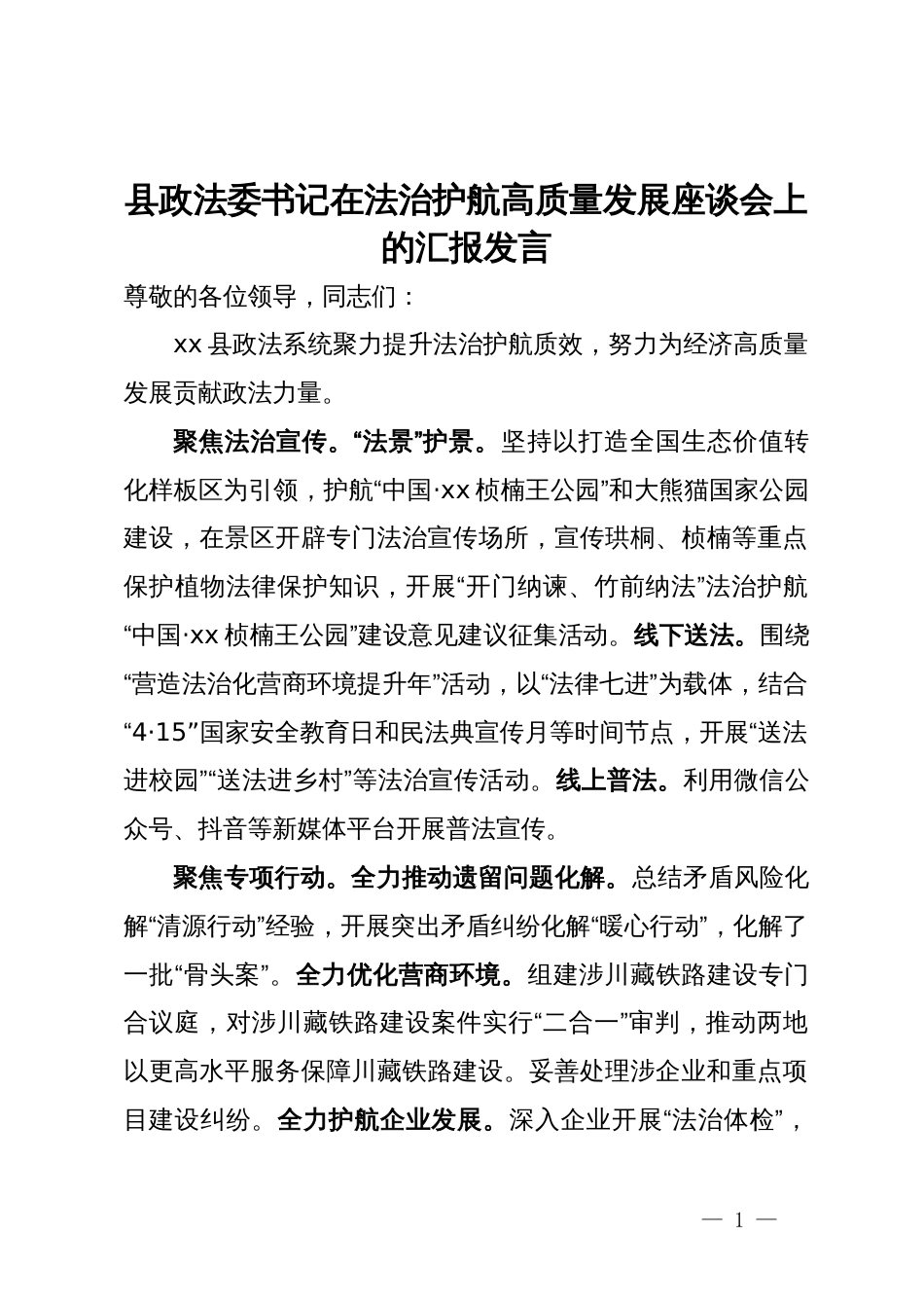 县政法委书记在法治护航高质量发展座谈会上的汇报发言_第1页