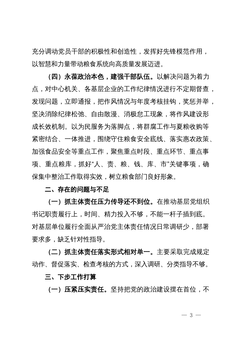 粮食和物资储备中心党委书记2024年以来履行全面从严治党主体责任情况报告_第3页