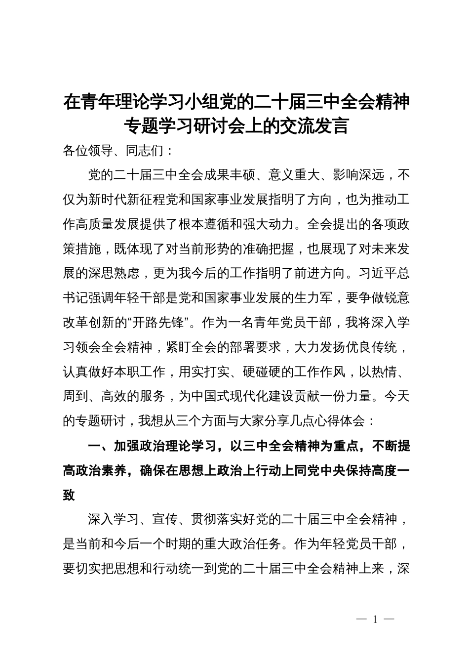 在青年理论学习小组党的二十届三中全会精神专题学习研讨会上的交流发言_第1页