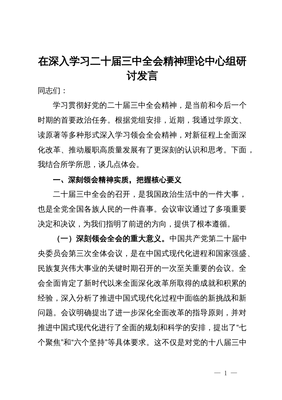 在深入学习二十届三中全会精神理论中心组研讨发言_第1页