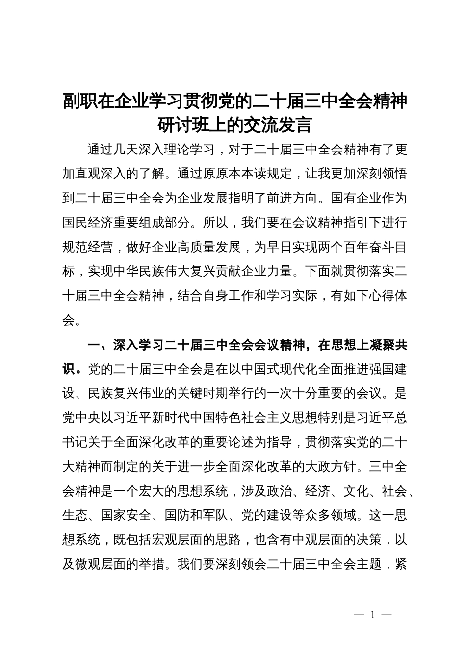 副职在企业学习贯彻党的二十届三中全会精神研讨班上的交流发言_第1页