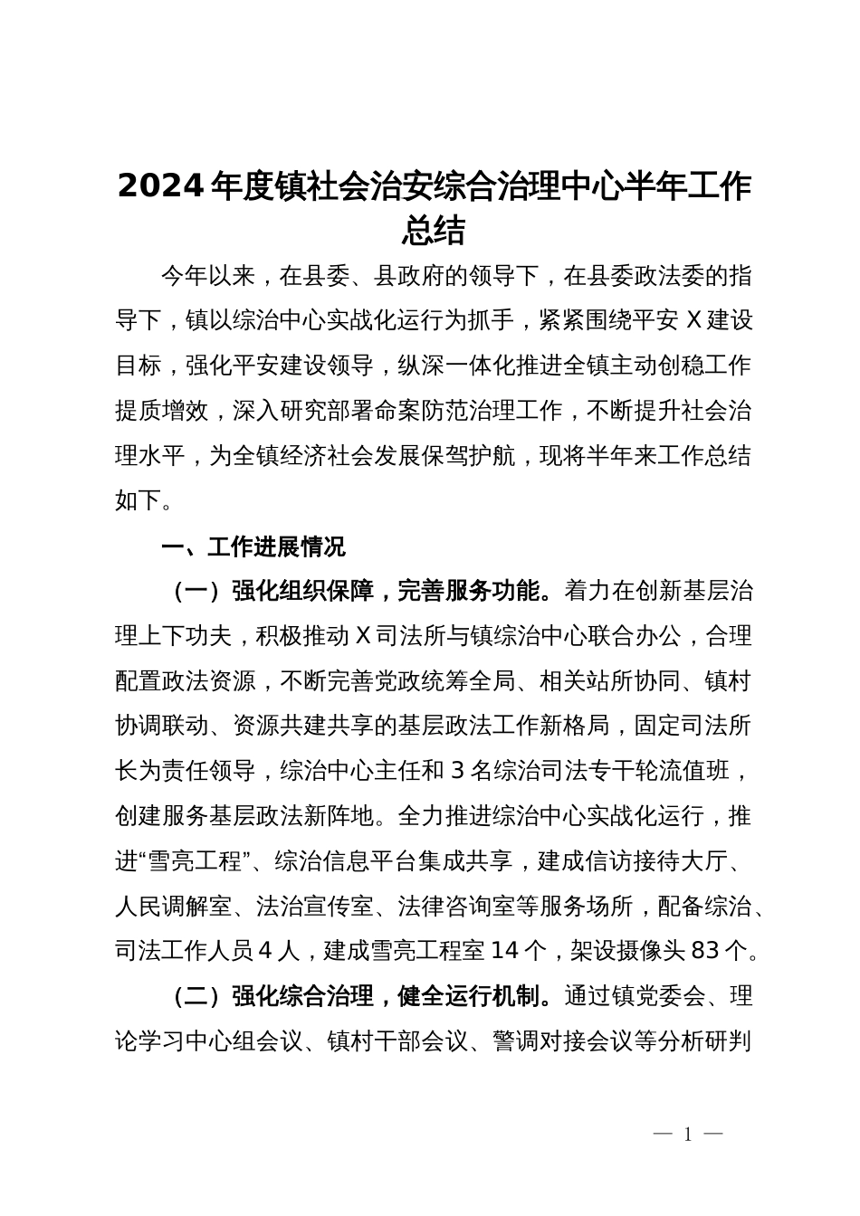 2024年度镇社会治安综合治理中心半年工作总结_第1页