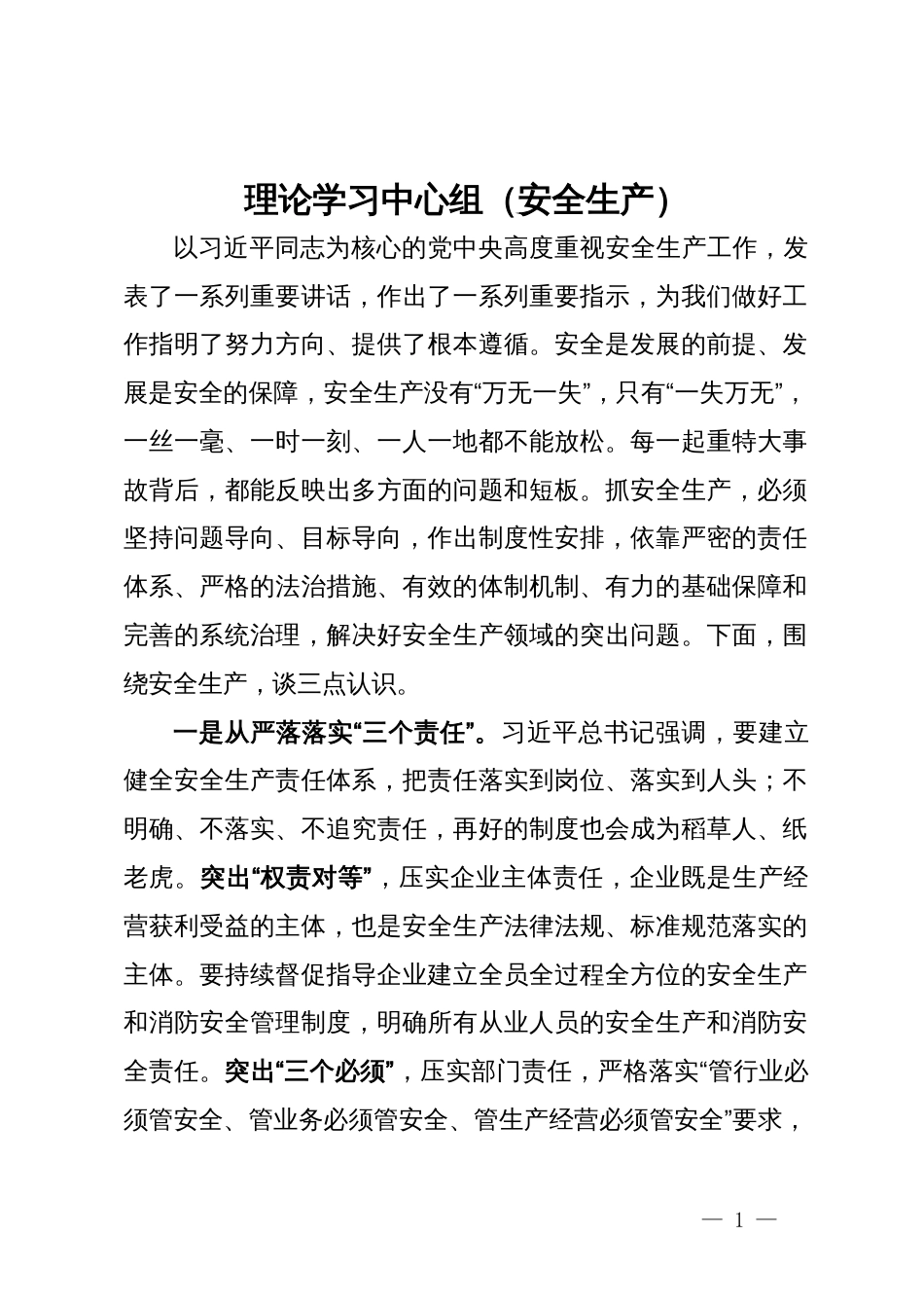 理论学习中心组关于安全生产研讨发言_第1页