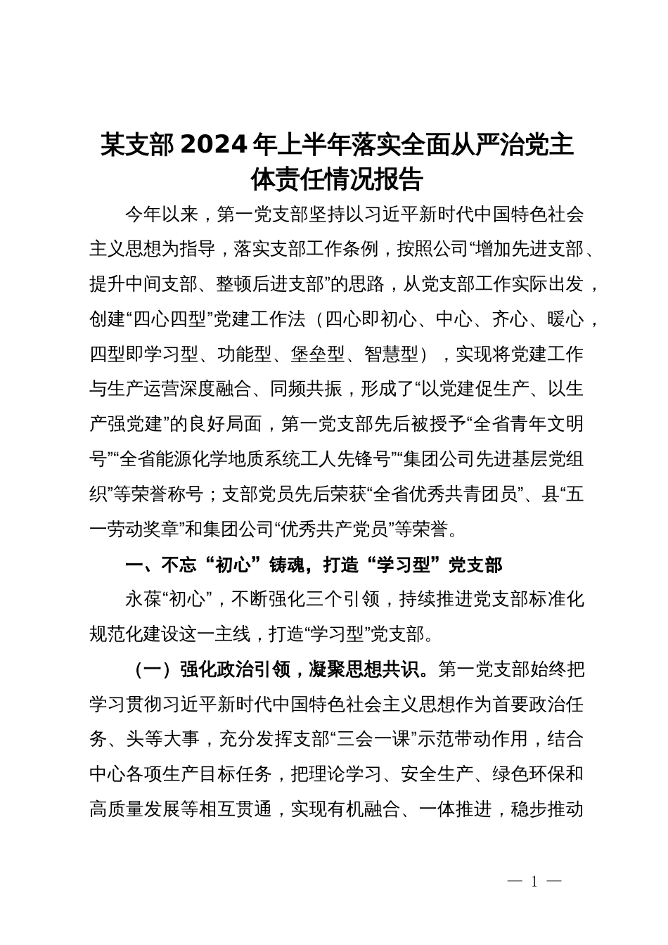 某支部2024年上半年落实全面从严治党主体责任情况报告_第1页