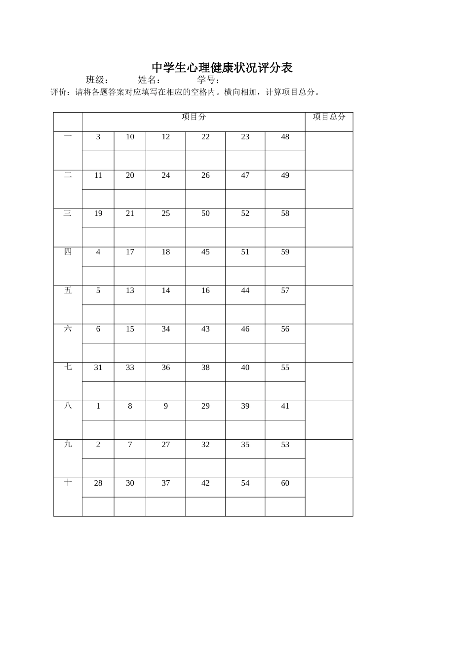 中学生心理健康量表答题纸_第1页