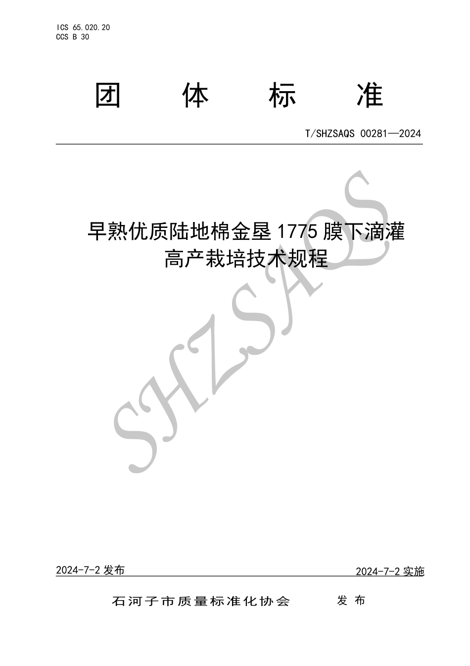 T∕SHZSAQS 00281-2024 早熟优质陆地棉金垦1775膜下滴灌高产栽培技术规程_第1页