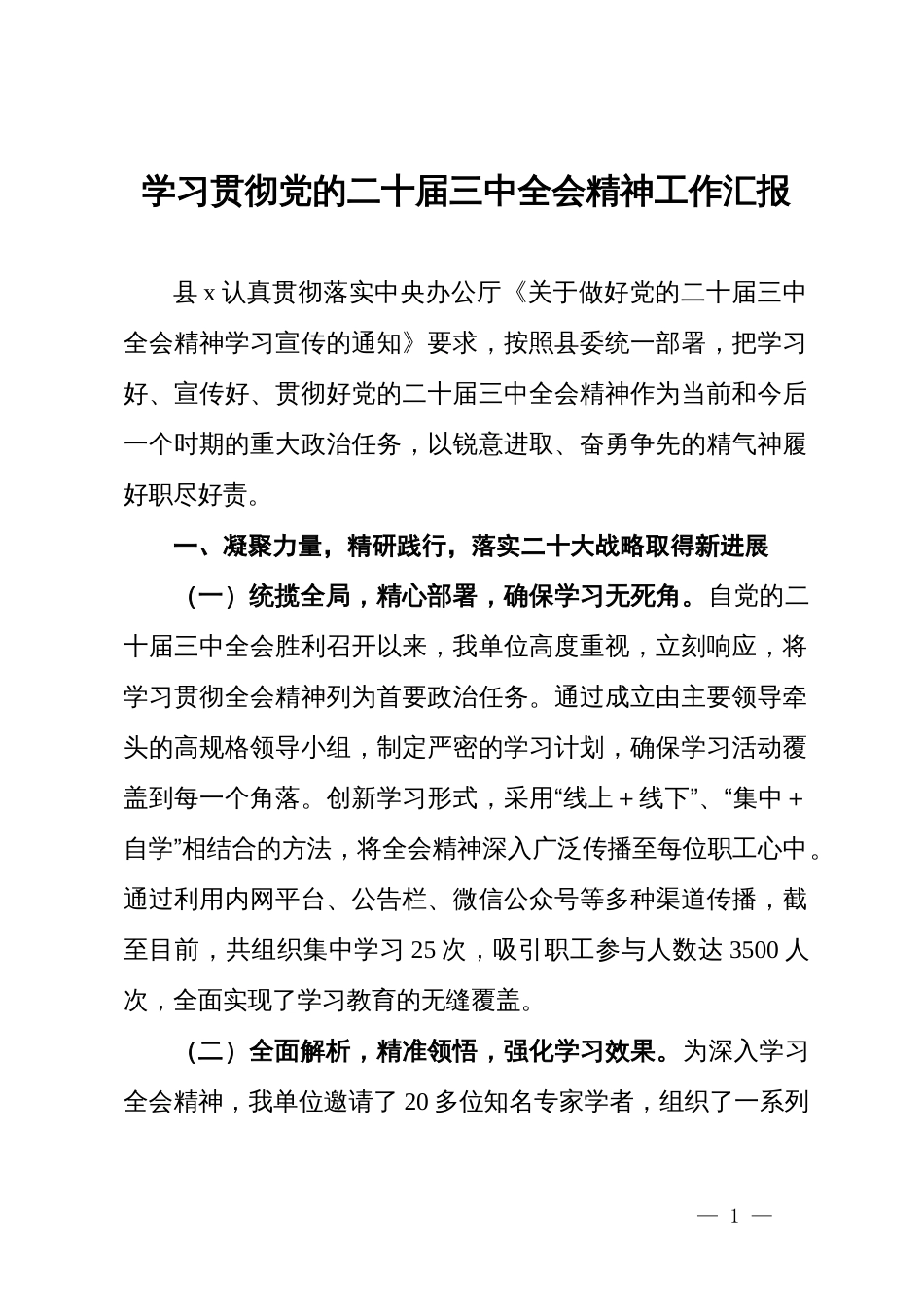 学习贯彻党的二十届三中全会精神工作汇报_第1页