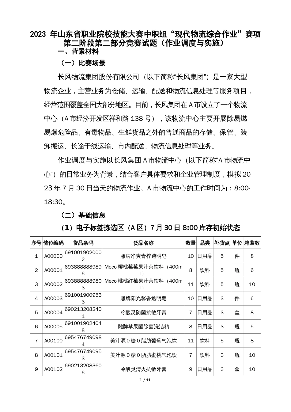 山东省职业院校技能大赛中职组“现代物流综合作业”赛项第二阶段第二部分竞赛试题（作业调度与实施）_第1页