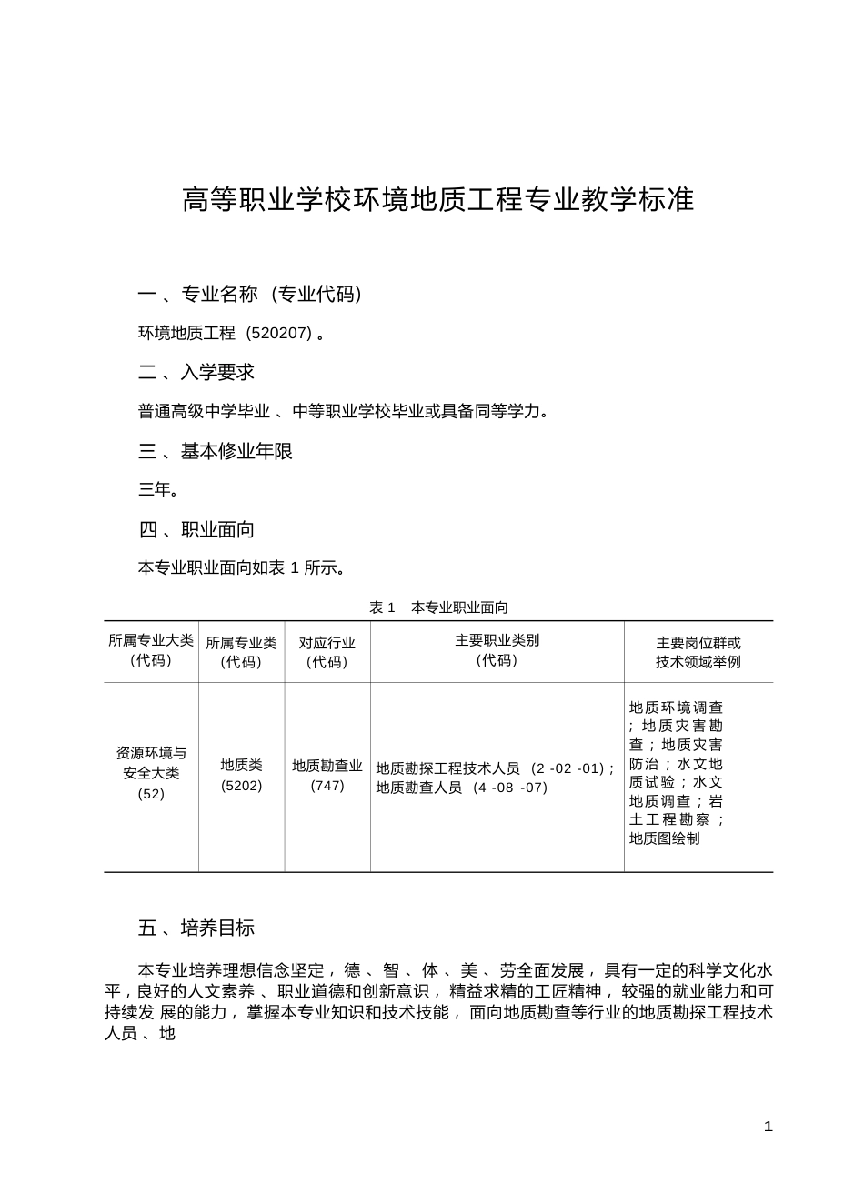 高职学校环境地质工程专业教学标准_第1页