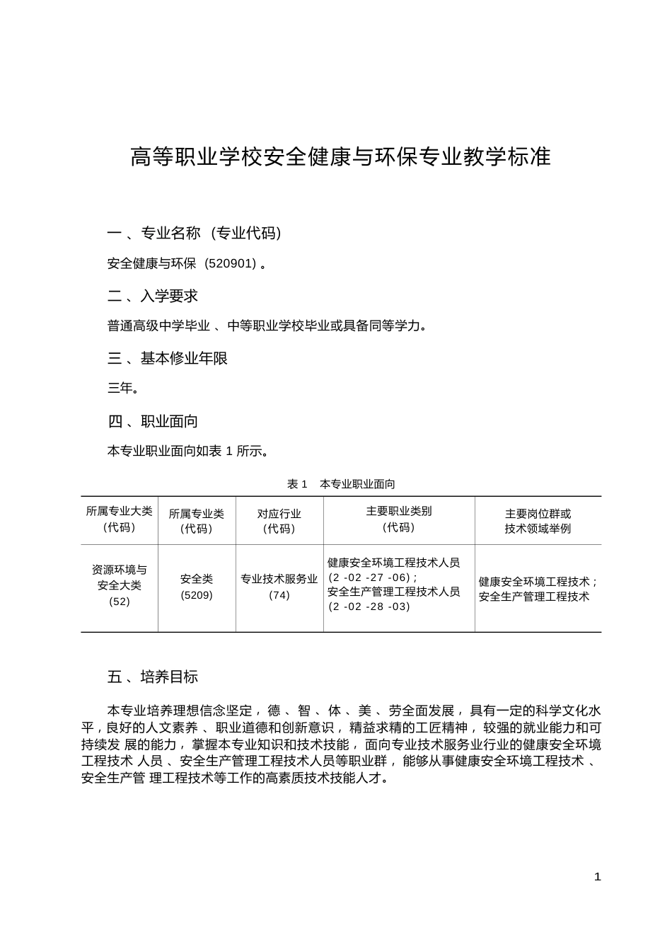 高职学校安全健康与环保专业教学标准_第1页