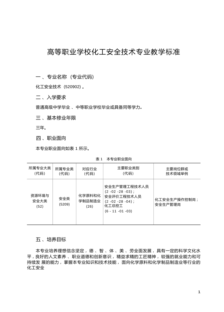 高职学校化工安全技术专业教学标准_第1页