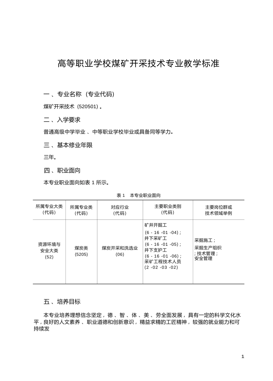 高职学校煤矿开采技术专业教学标准_第1页