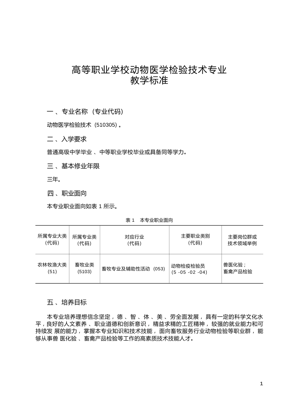 高职学校动物医学检验技术专业教学标准_第1页