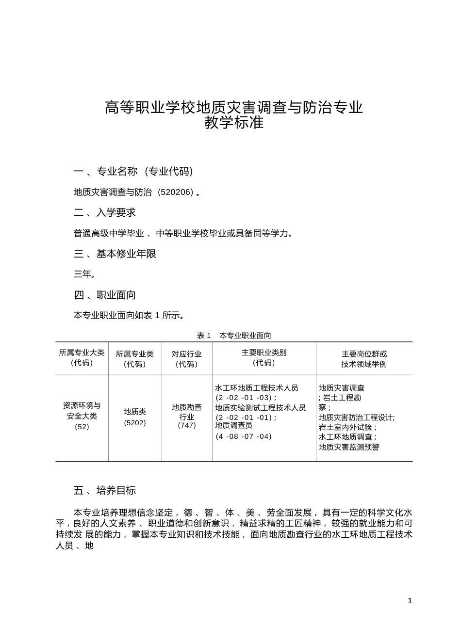 高职学校地质灾害调查与防治专业教学标准_第1页