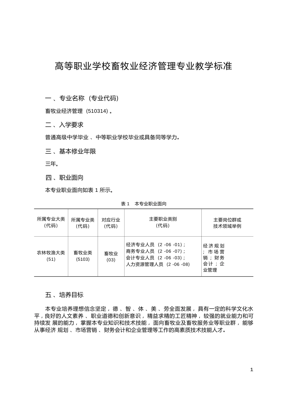 高职学校畜牧业经济管理专业教学标准_第1页