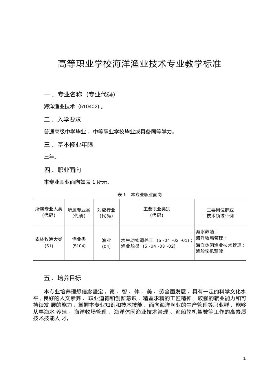 高职学校海洋渔业技术专业教学标准_第1页