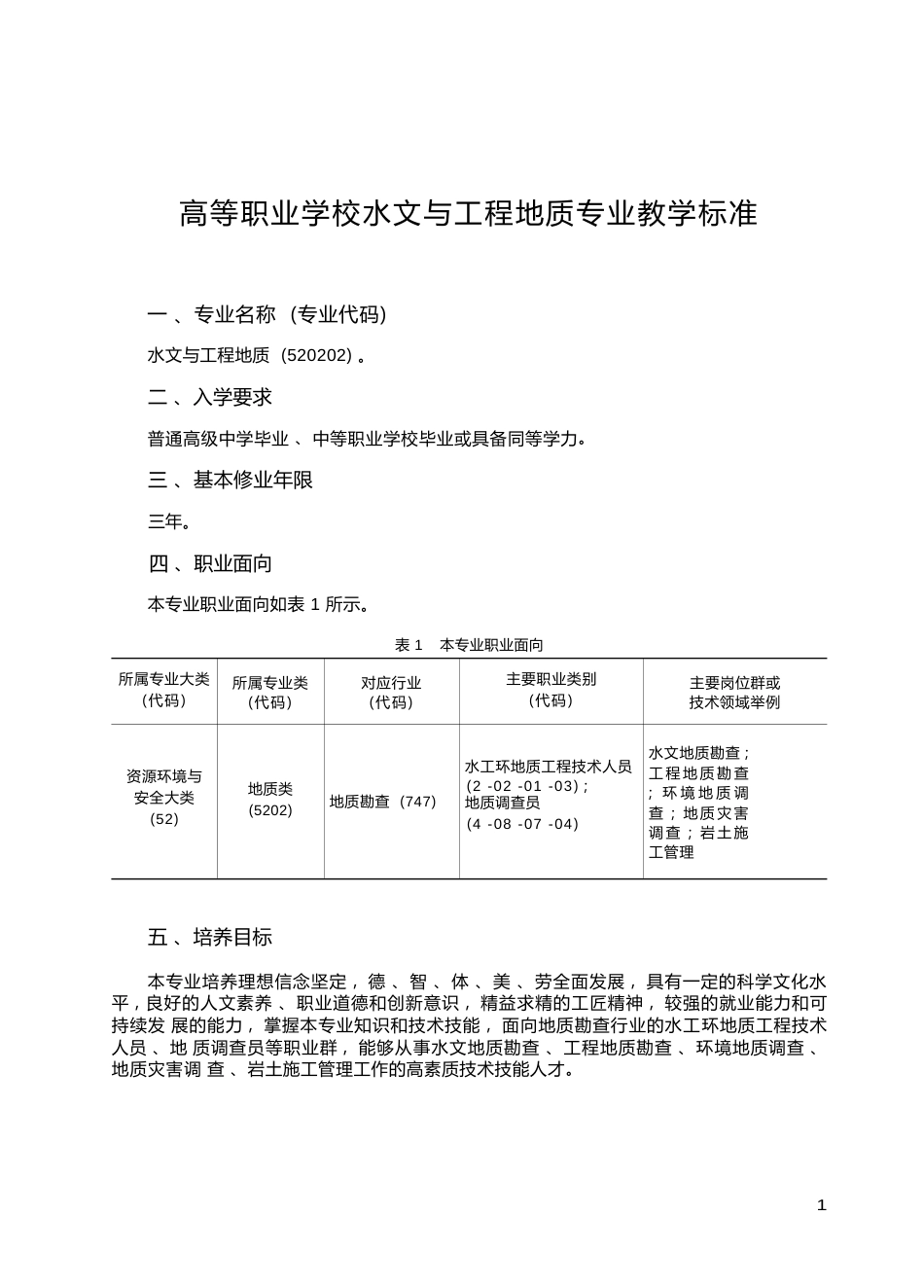 高职学校水文与工程地质专业教学标准_第1页