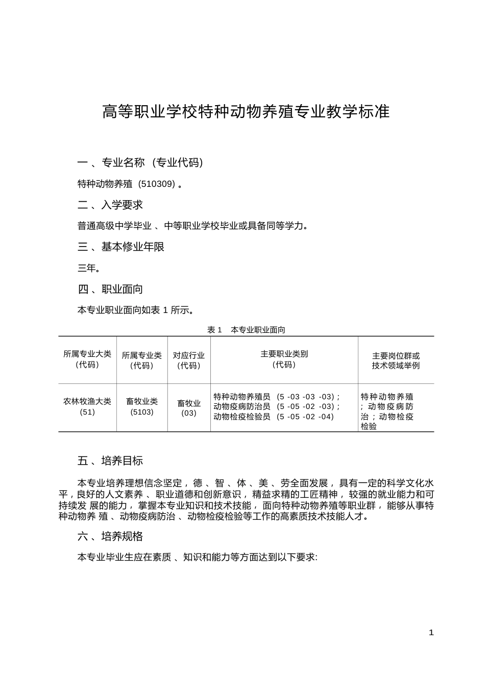 高职学校特种动物养殖专业教学标准_第1页