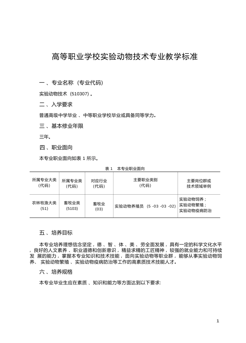 高职学校实验动物技术专业教学标准_第1页