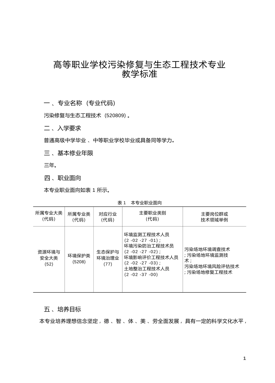 高职学校污染修复与生态工程技术专业教学标准_第1页