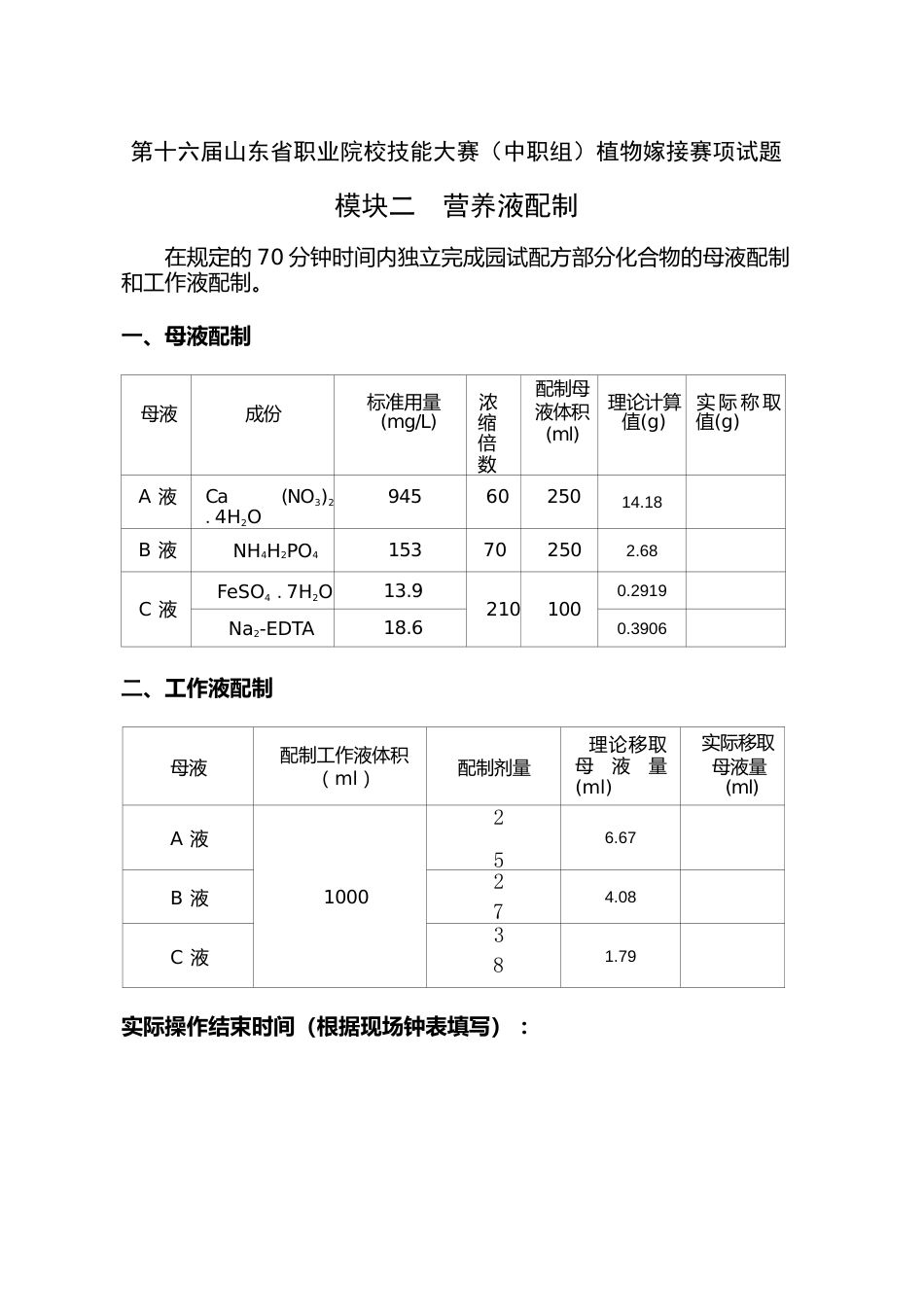 第十六届山东省职业院校技能大赛选拔赛植物嫁接赛项营养液配置A卷_第2页