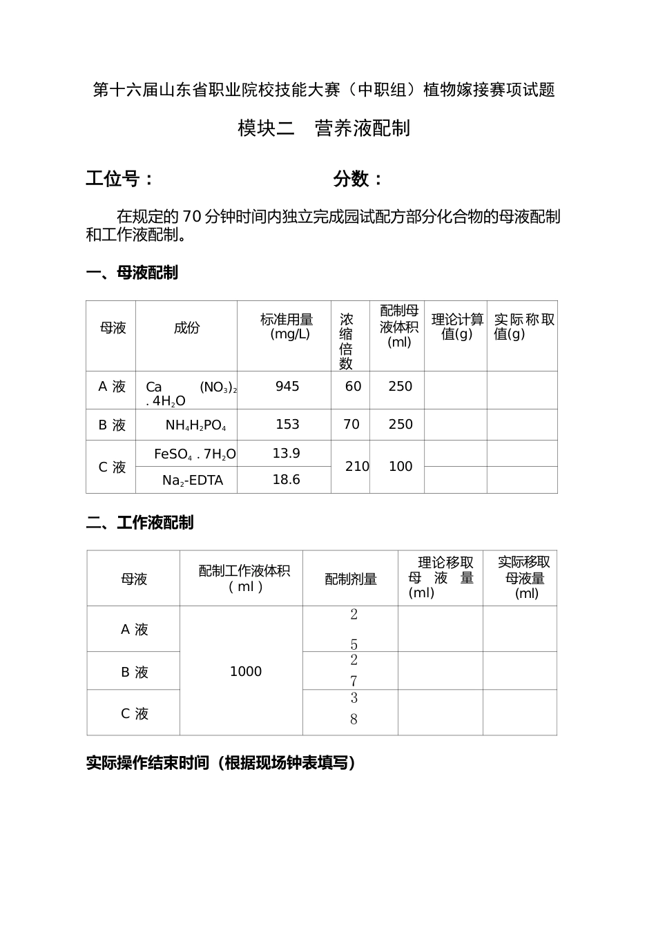 第十六届山东省职业院校技能大赛选拔赛植物嫁接赛项营养液配置A卷_第1页