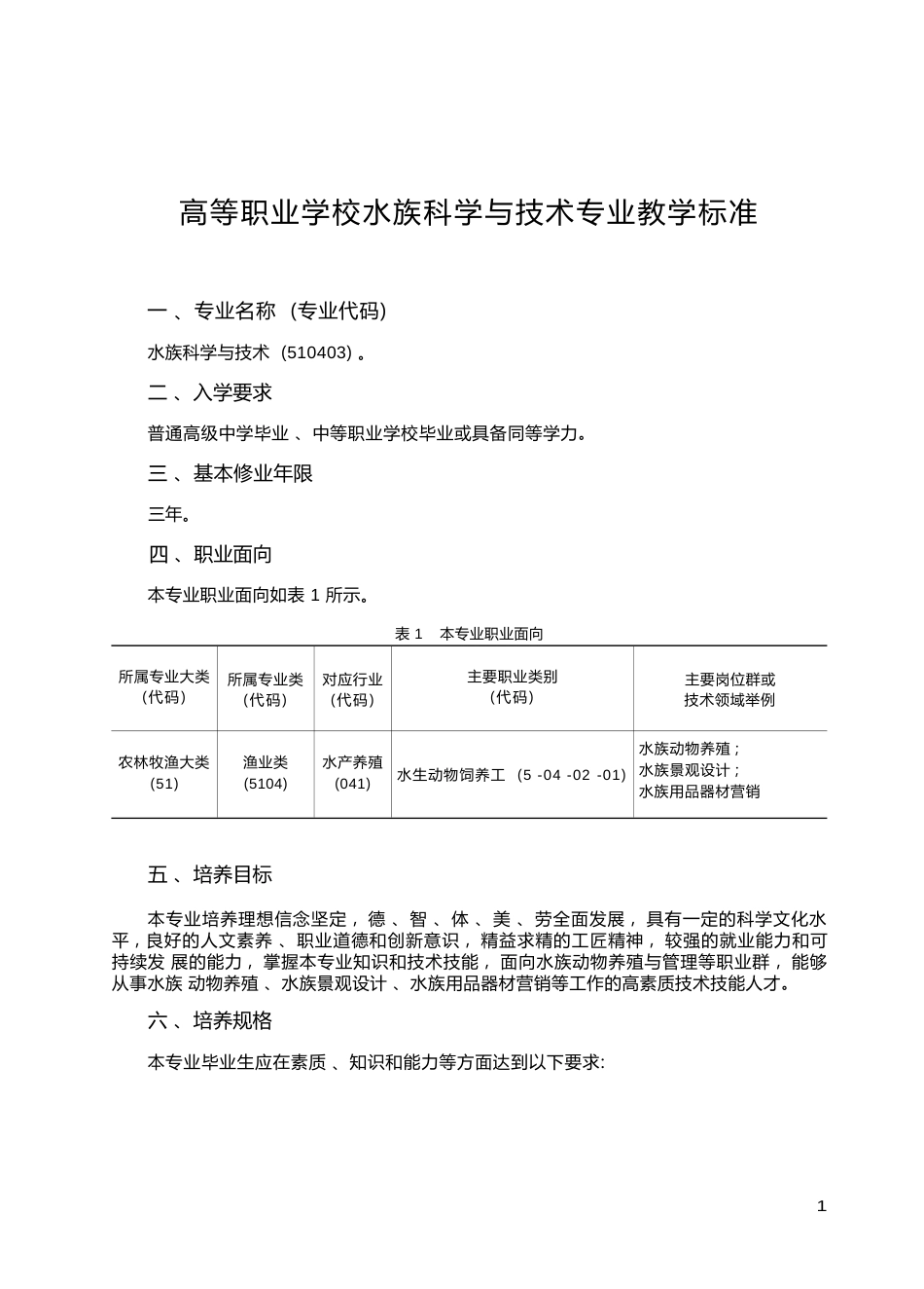 高职学校水族科学与技术专业教学标准_第1页