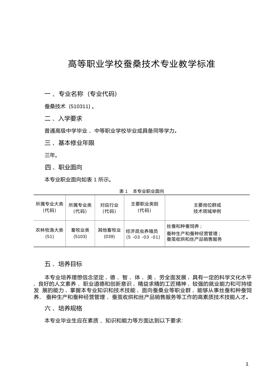 高职学校蚕桑技术专业教学标准_第1页