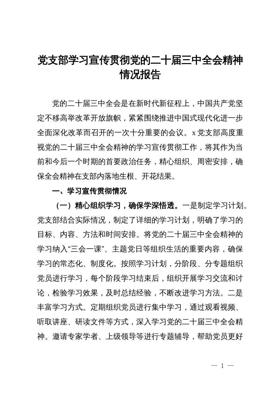 党支部学习宣传贯彻党的二十届三中全会精神情况报告_第1页