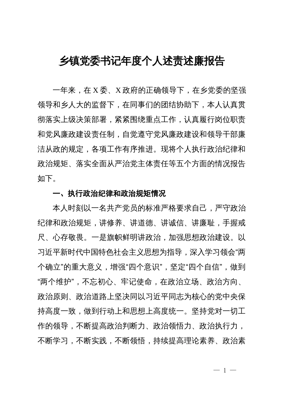 乡镇党委书记年度个人述责述廉报告_第1页