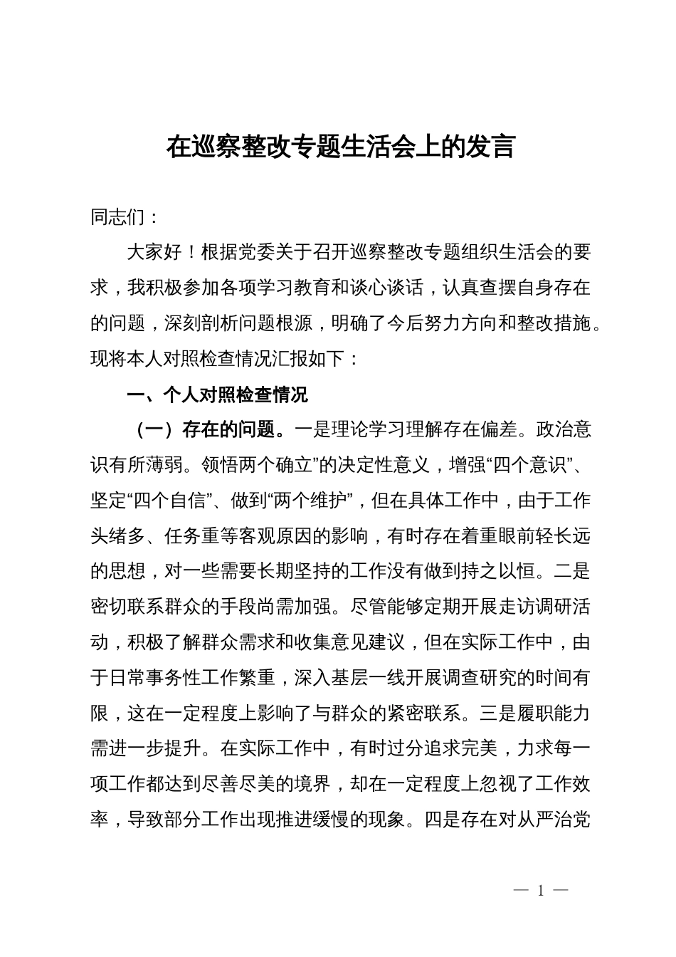 在巡察整改专题生活会上的发言_第1页