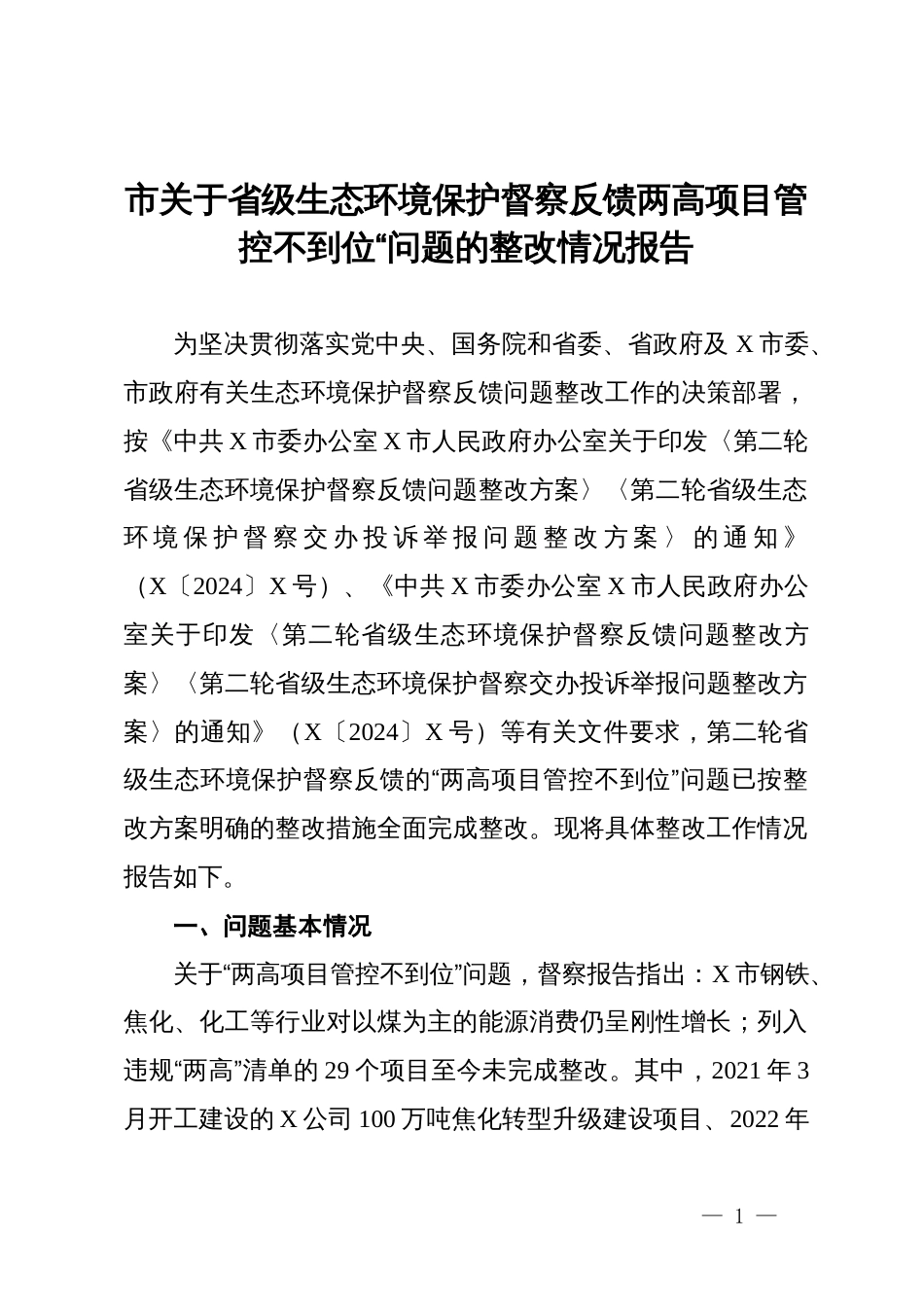 市关于省级生态环境保护督察反馈两高项目管控不到位“问题的整改情况报告_第1页