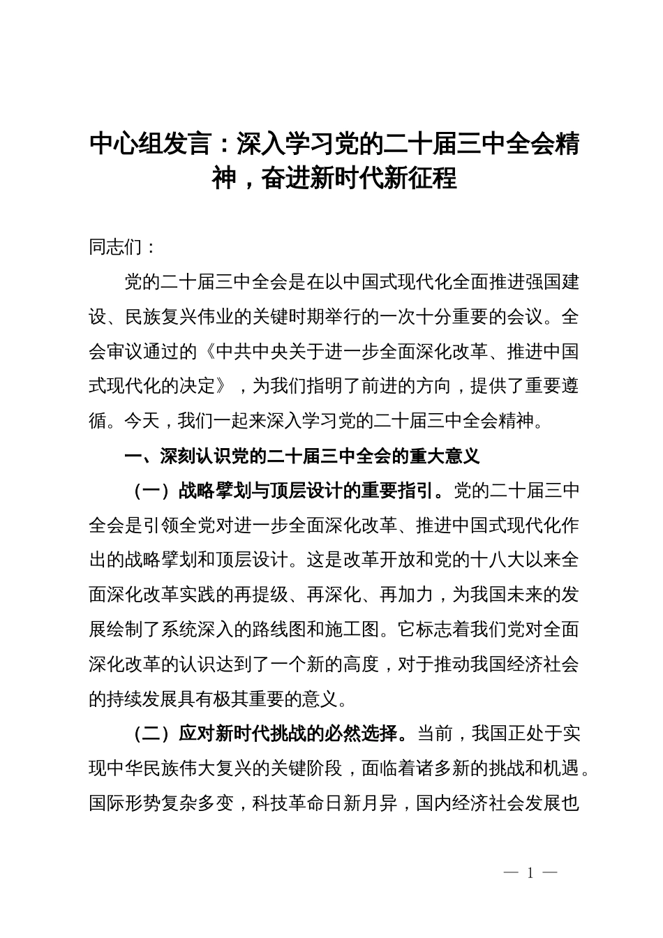 中心组发言：深入学习党的二十届三中全会精神，奋进新时代新征程_第1页