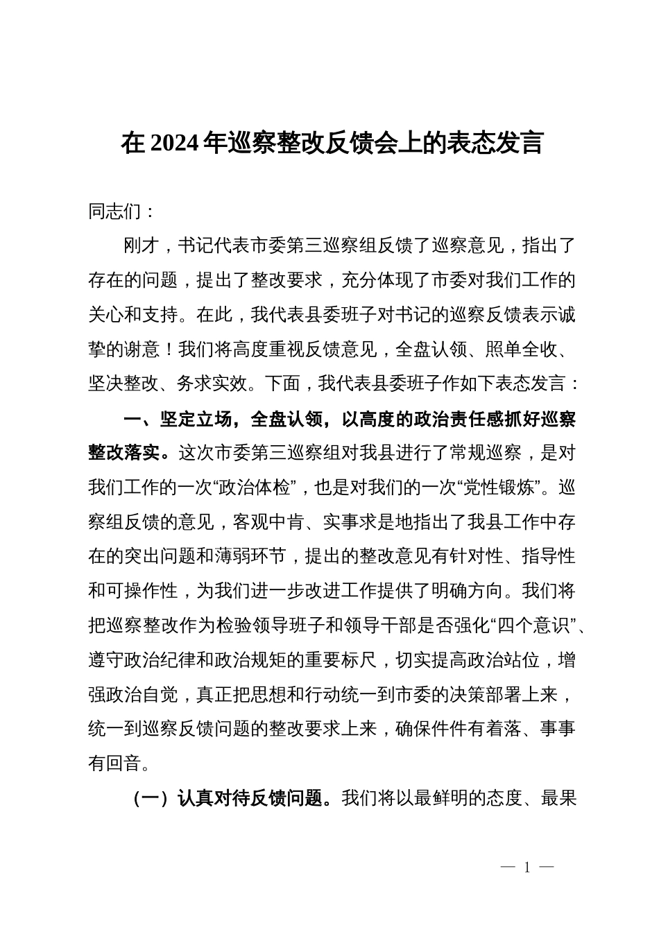 县委书记在2024年巡察整改反馈会上的表态发言_第1页