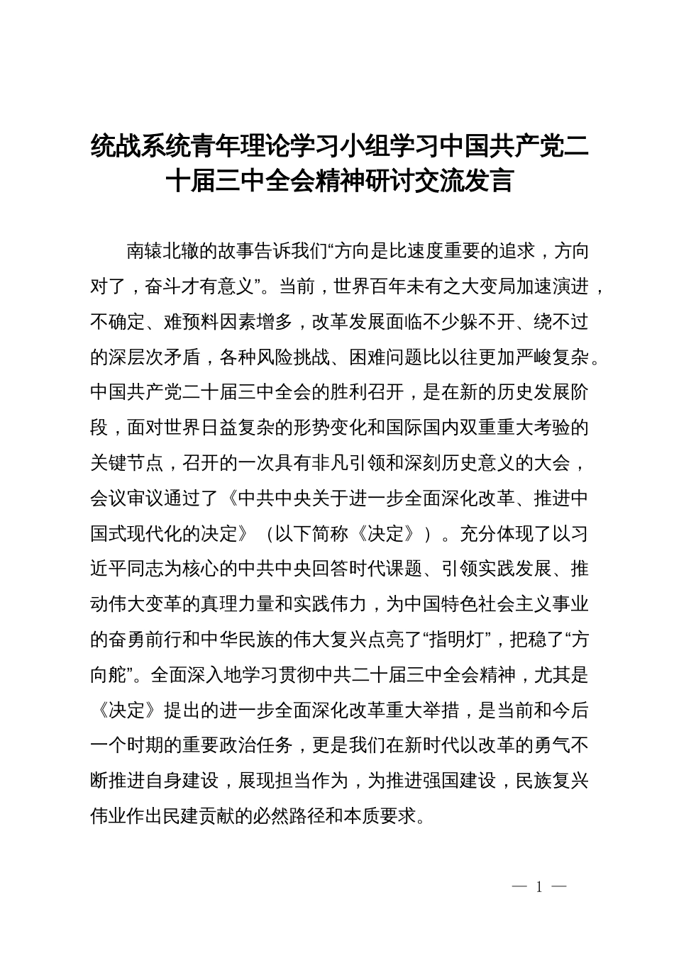 统战系统青年理论学习小组学习中国共产党二十届三中全会精神研讨交流发言_第1页