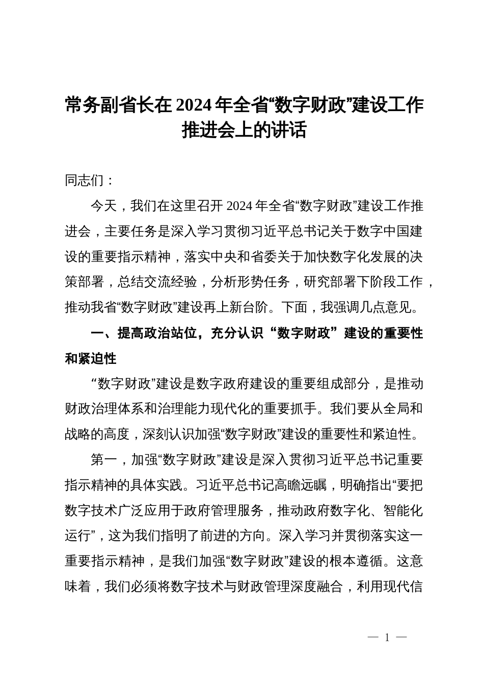 常务副省长在2024年全省“数字财政”建设工作推进会上的讲话_第1页