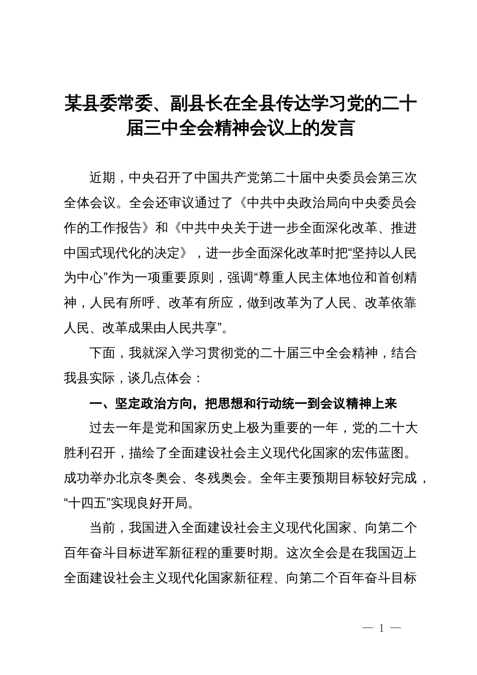 某县委常委、副县长在全县传达学习党的二十届三中全会精神会议上的发言_第1页