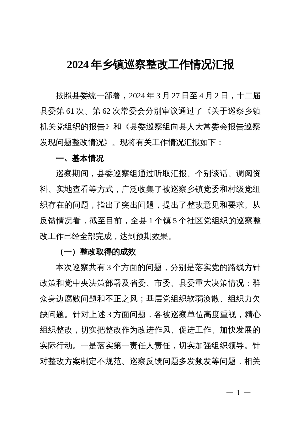 2024年乡镇巡察整改工作情况汇报_第1页