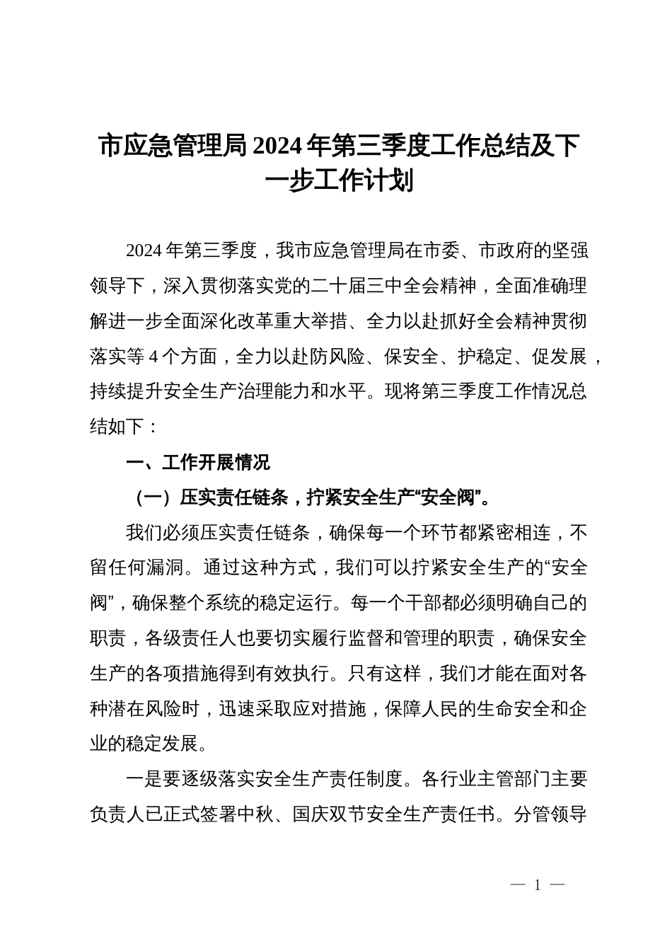 市应急管理局2024年第三季度工作总结及下一步工作计划_第1页