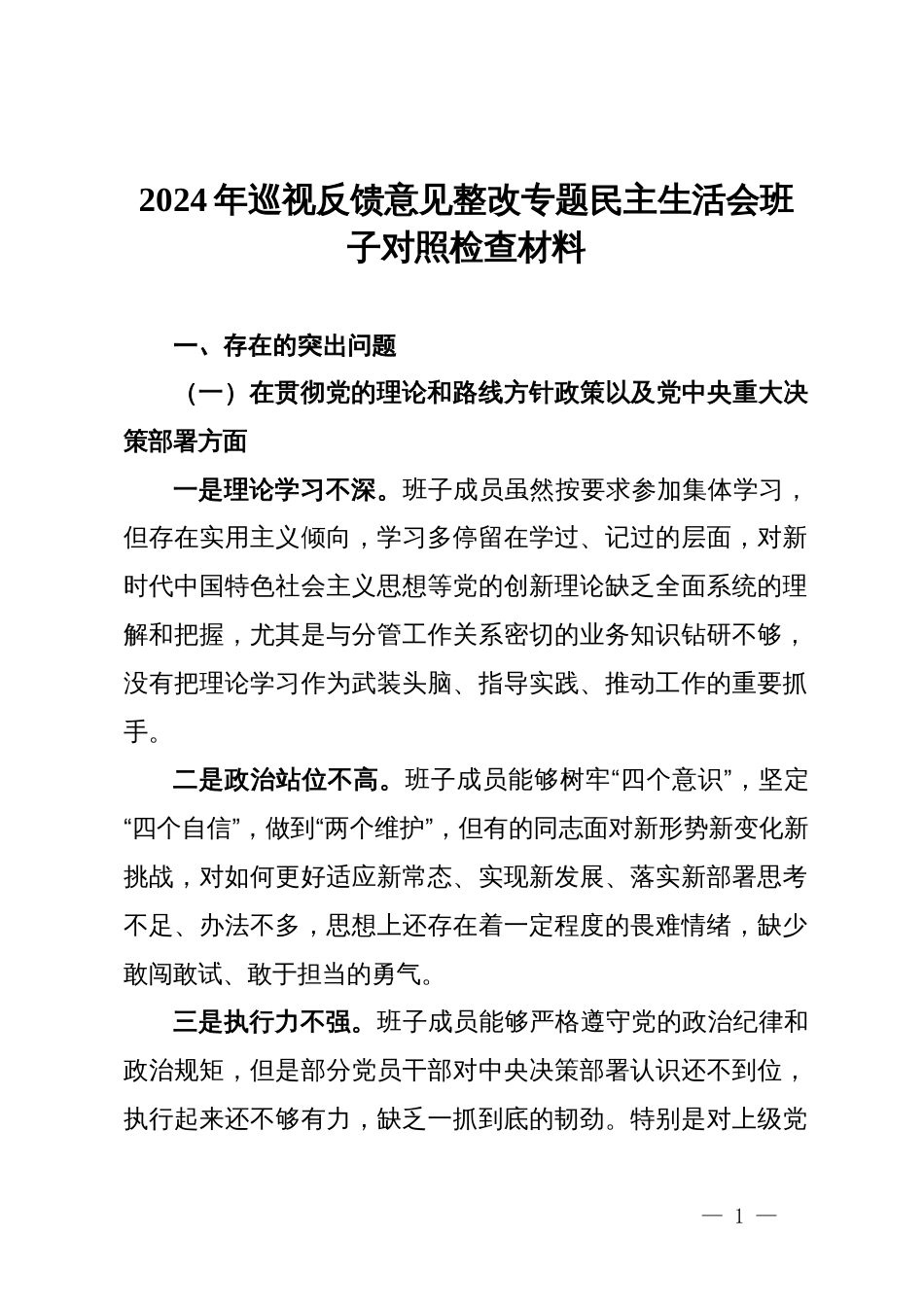 2024年巡视反馈意见整改专题民主生活会班子对照检查材料_第1页