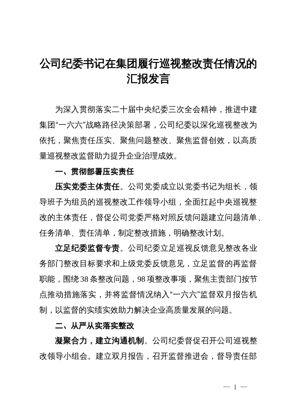 公司纪委书记在集团履行巡视整改责任情况的汇报发言_第1页