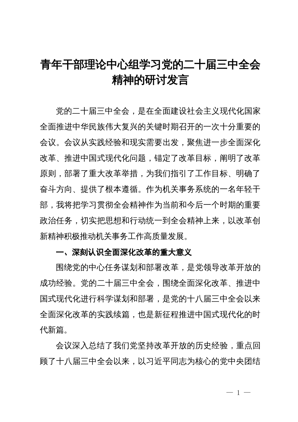 青年干部理论中心组学习党的二十届三中全会精神的研讨发言_第1页