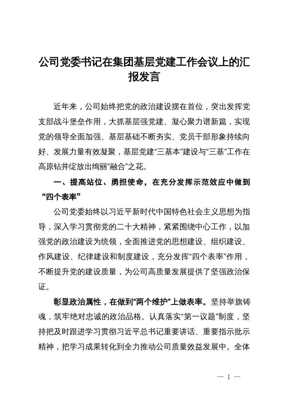 公司党委书记在集团基层党建工作会议上的汇报发言_第1页