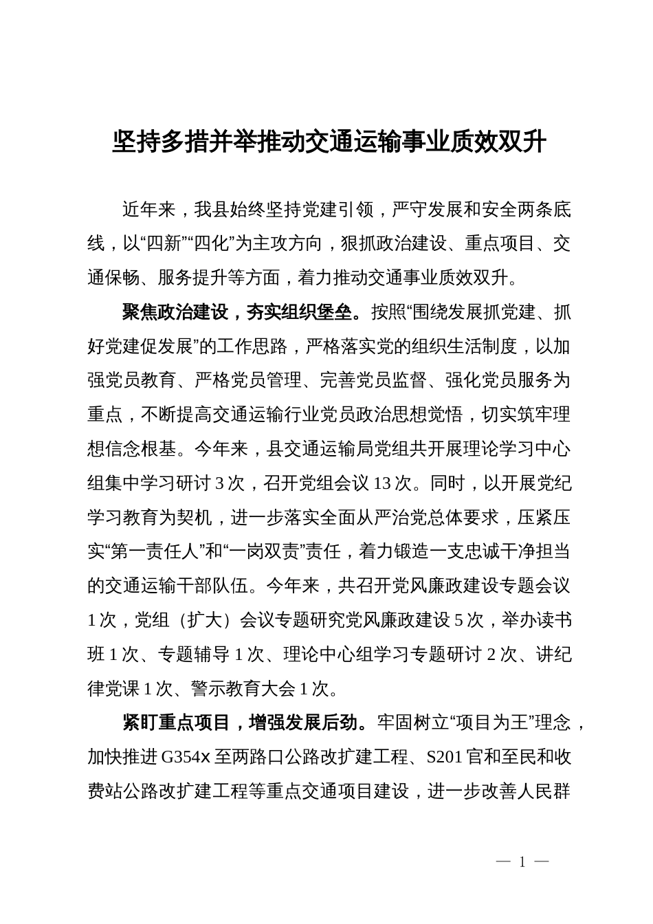 交流发言：坚持多措并举 推动交通运输事业质效双升_第1页