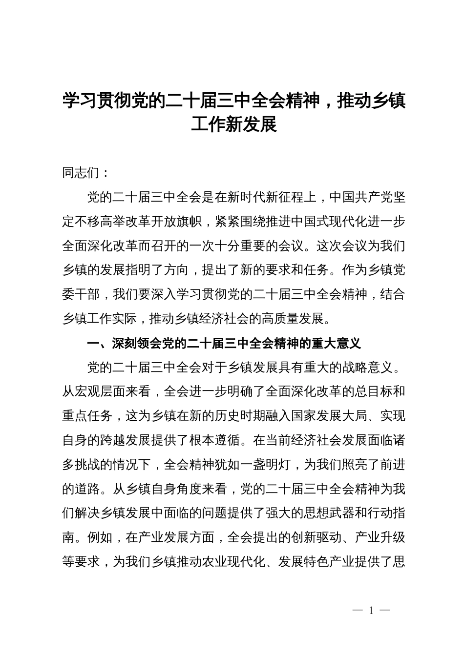 研讨发言：学习贯彻党的二十届三中全会精神，推动乡镇工作新发展_第1页