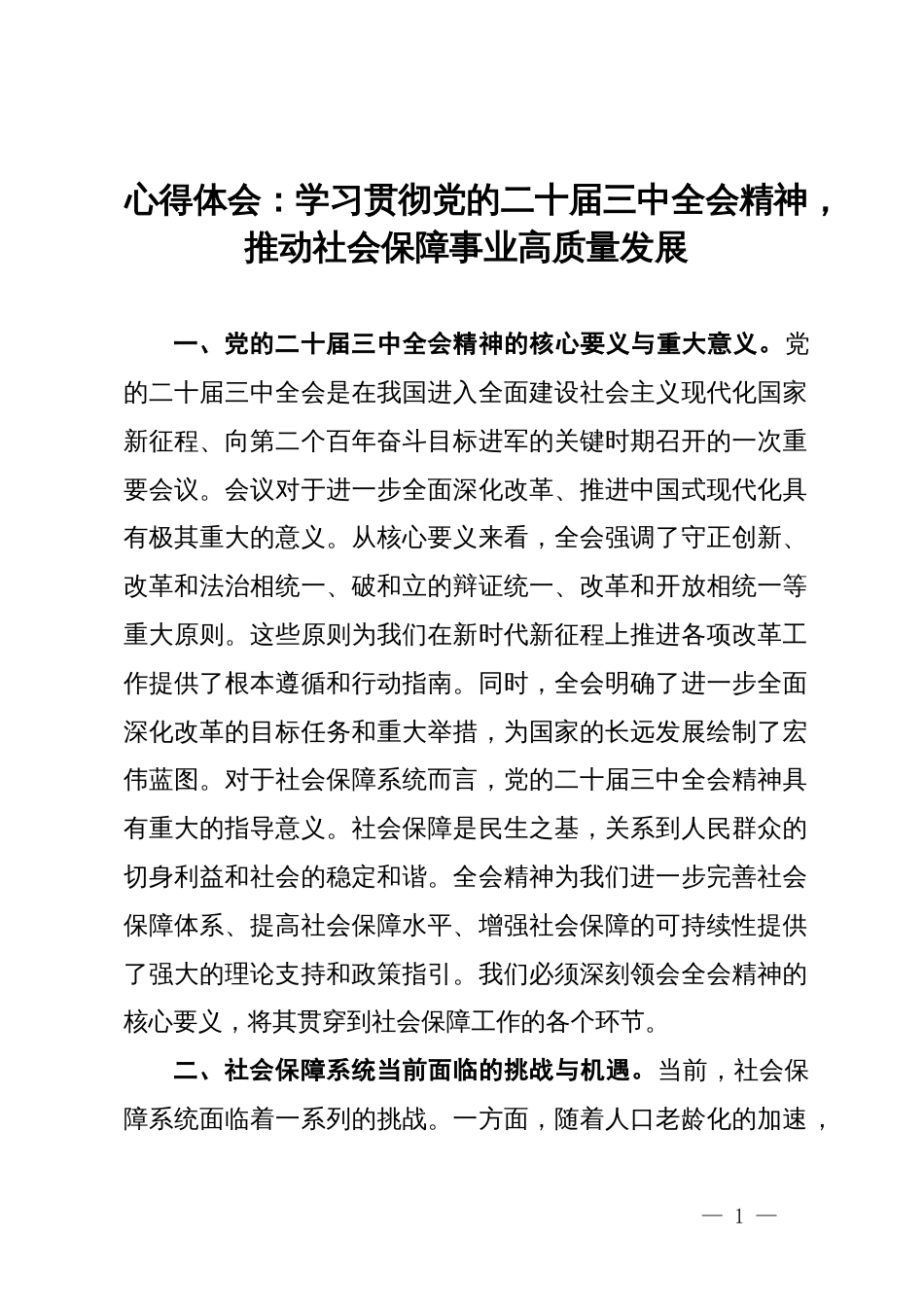 心得体会：学习贯彻党的二十届三中全会精神，推动社会保障事业高质量发展_第1页