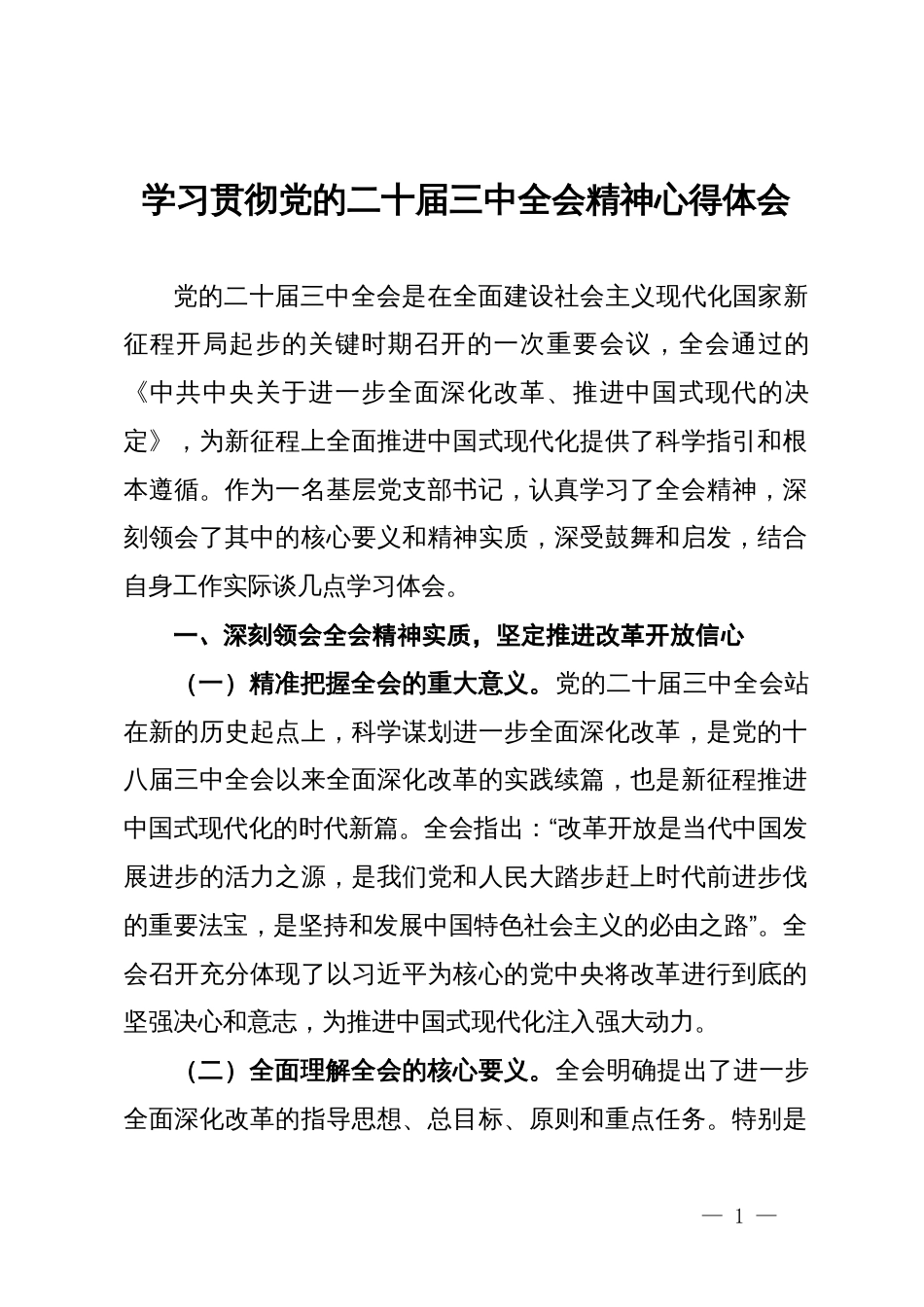 县煤炭计量站党支部书记学习贯彻党的二十届三中全会精神心得体会_第1页