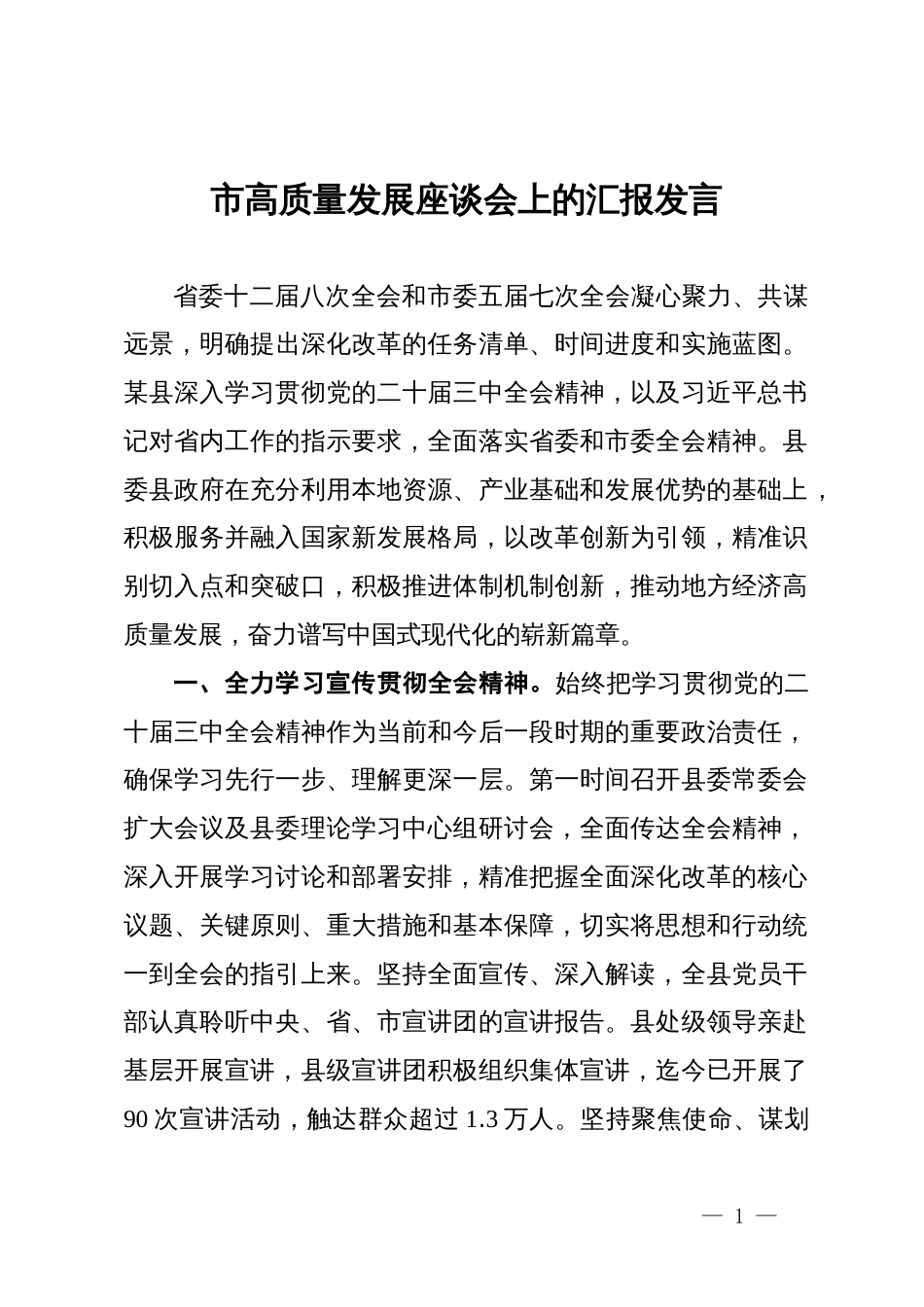 市高质量发展座谈会上的汇报发言_第1页