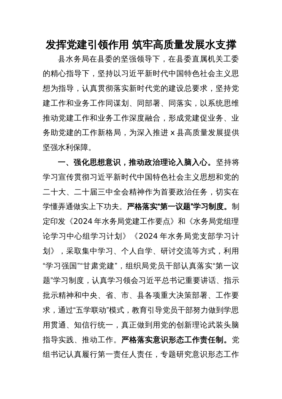 县水务局局长、党支部书记党建工作交流：发挥党建引领作用 筑牢高质量发展水支撑_第1页