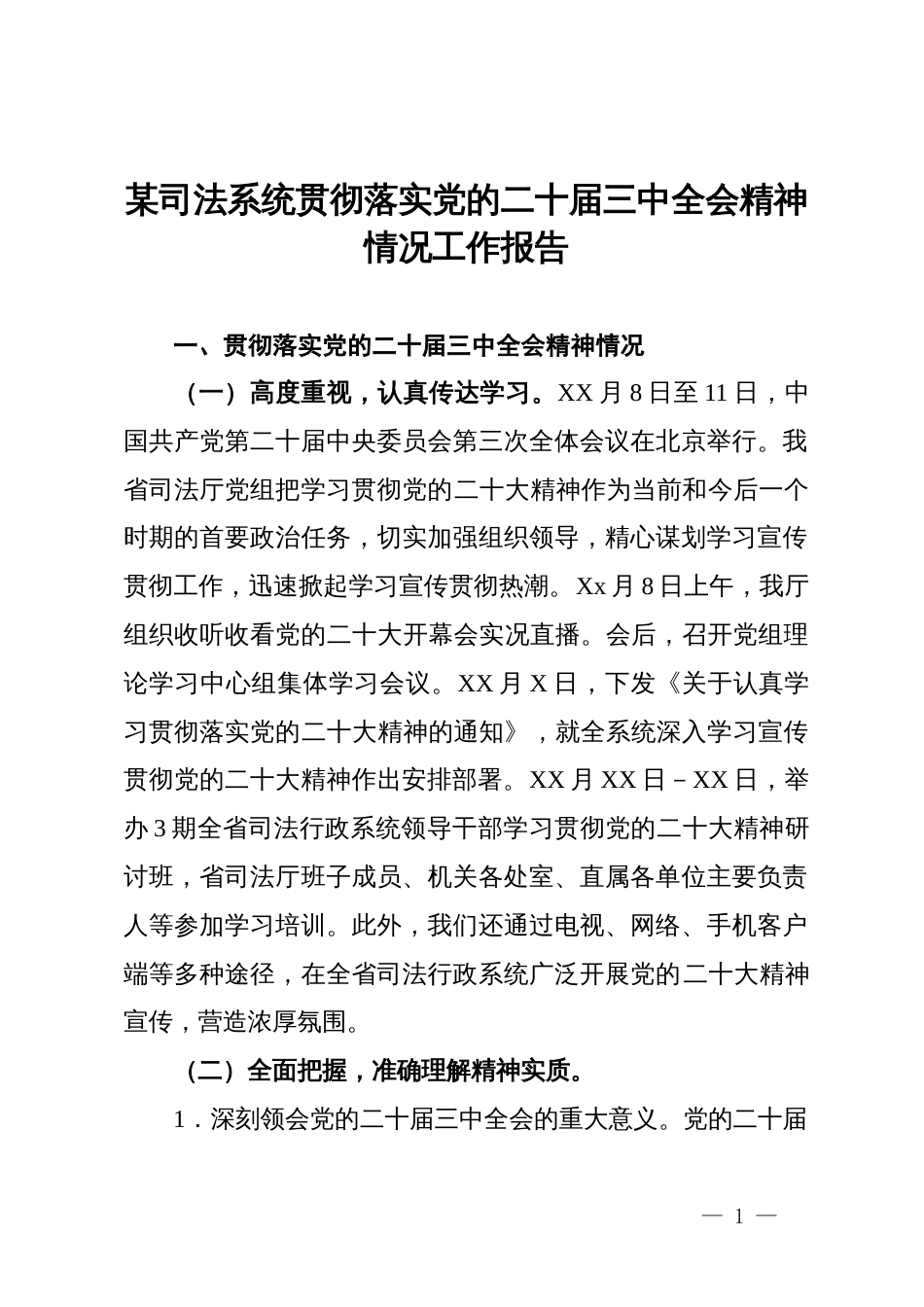 某司法系统贯彻落实党的二十届三中全会精神情况工作报告_第1页